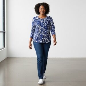 Talbots Women's Plus 2X Navy Floral Pima Cotton 3/4 Sleeve Button-Up Cardigan